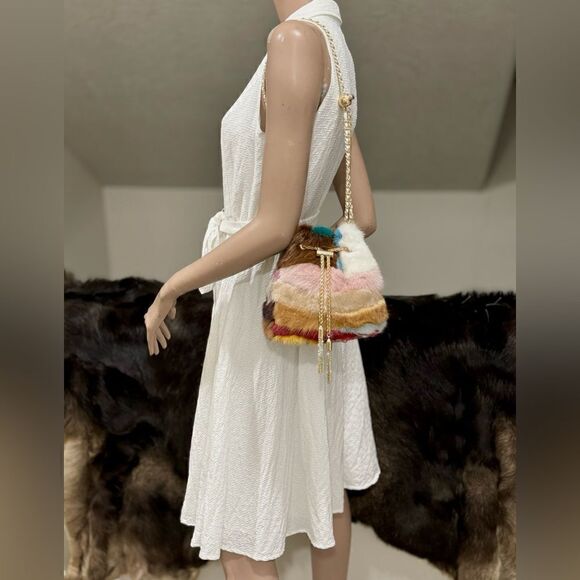 Handmade Color-block Genuine Mink Fur & Drawstring Bucket Bag Includes 2 Straps - Picture 10 of 16